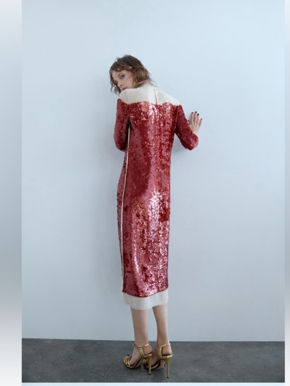 Zara Red Sequin Long-Sleeve Midi Dress with Cream Trim Size XS